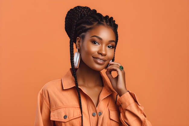 Happy african american girl holding smartphone isolated on orange with copyspace