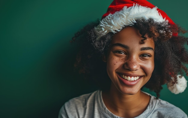 Happy African American girl wearing Santa hat in Christmas background