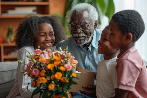 Photo happy african american grandfather receives birthday presents from his loving family children together with grandmother give grandpa a card and a bouquet of beautiful flowers