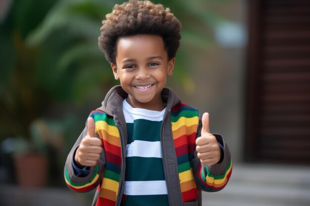 親指を上げるジェスチャーを示すサングラスをかけた幸せなアフリカ系アメリカ人の小さな男の子