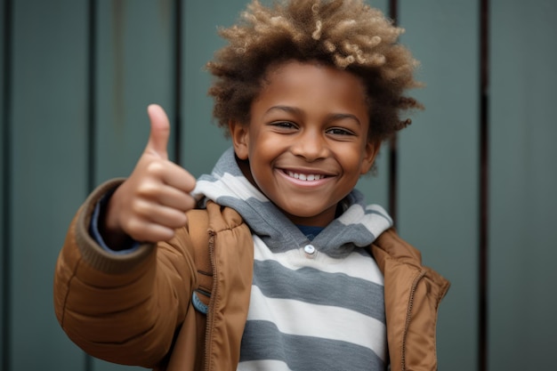 Happy african american little boy in sunglasses showing thumbs up gesture