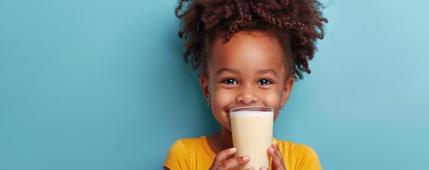 파란색 배경에 고립 된 우유 한 잔 을 가진 행복 한 아프리카계 미국인 어린 소녀