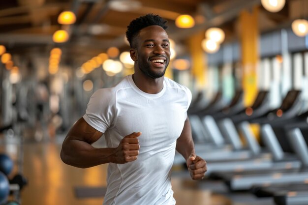 Photo happy african american man doing sports in gym