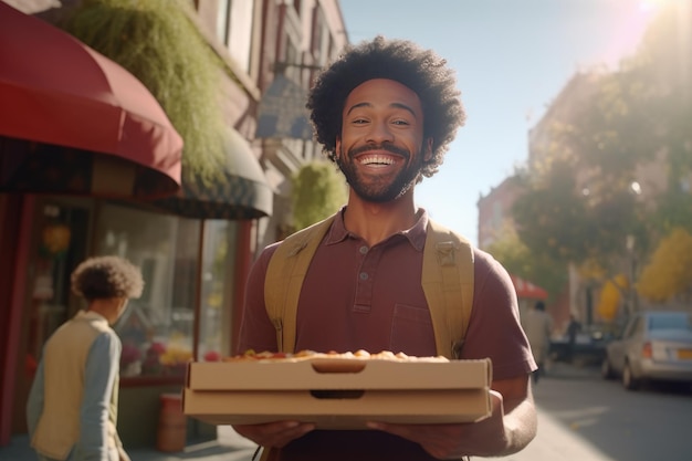 Happy african american man holding pizza box in his hands Food shopping delivery fast food Generative AI