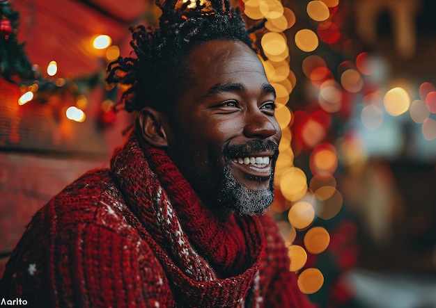 クリスマスの背景にサンタの帽子をかぶった幸せなアフリカ系アメリカ人男性