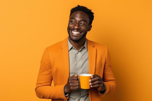 Happy african american man with cup of coffee on orange background