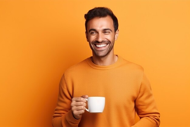 Happy african american man with cup of coffee on orange background