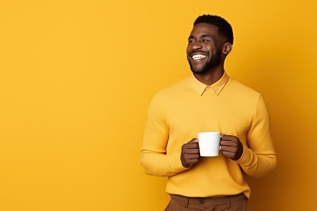 Happy african american man with cup of coffee on yellow background