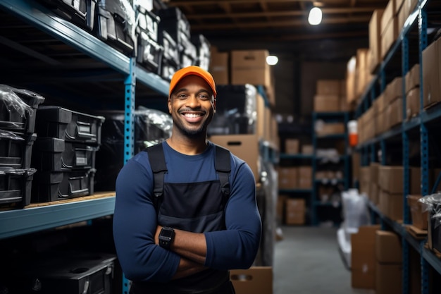 倉庫の箱の棚の背景にある幸せなアフリカ系アメリカ人男性の労働者