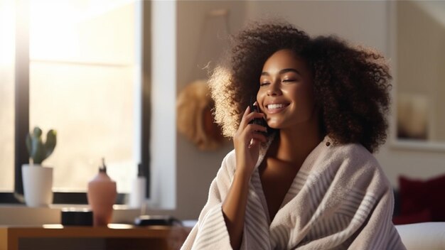 Happy african american oversize woman brushing her curly hair