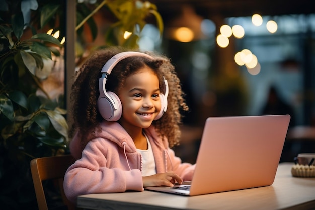 Happy African American Schoolgirl Wearing Headphones and Smiling Generative AI