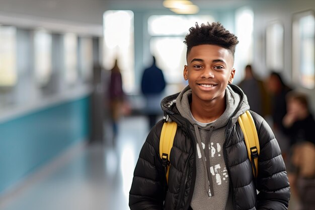 Happy african american student in hallway of high school