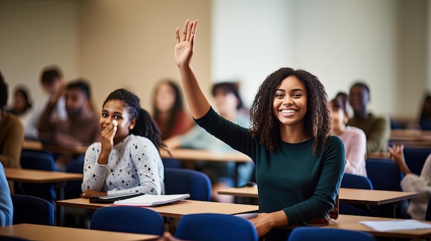 행복한 아프리카계 미국인 학생이 교실에서 강의 중에 질문을 하기 위해 손을 들고 있습니다.