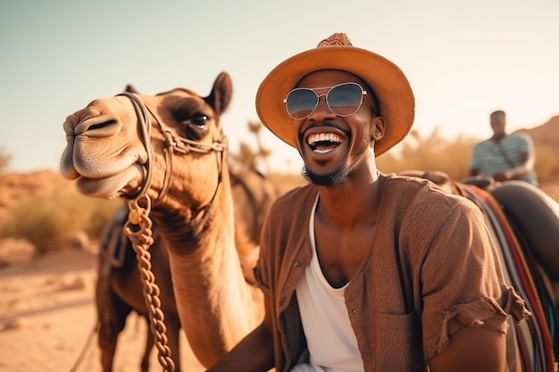 Happy African American tourist having fun enjoying group camel ride tour in the desert