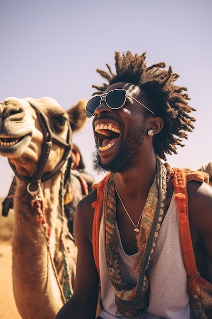 Happy African American tourist having fun enjoying group camel ride tour in the desert