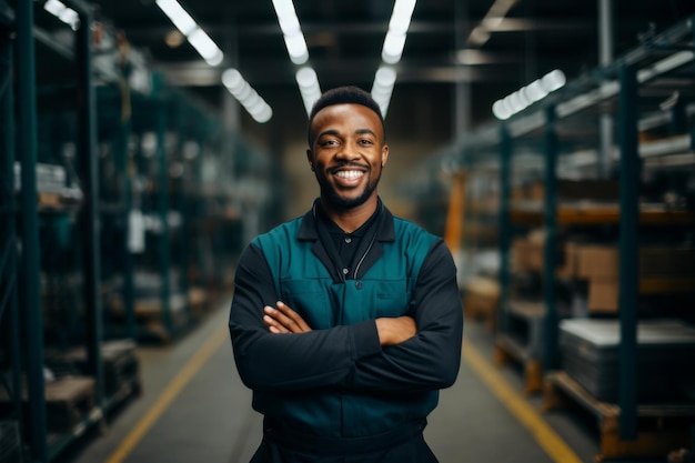 Happy african american warehouse worker or manager working in a warehouse
