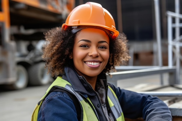 Happy african american woman in an engineer hard hat at a construction site Work process construction of a house