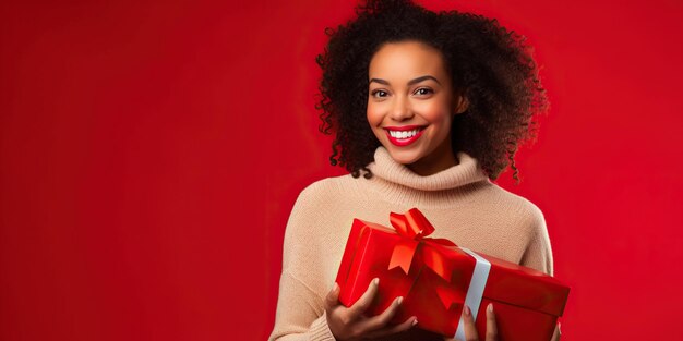 Happy african american woman holding a red christmas present on a red background with space for copy