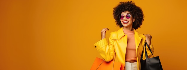 Happy african american woman holding shopping bags isolated on orange