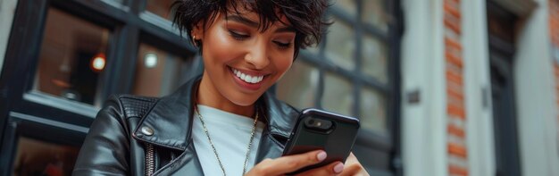 Happy African American woman in a leather jacket focusing on her cell phone screen