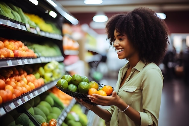 Happy African American woman shopping fruits items at the glossary store