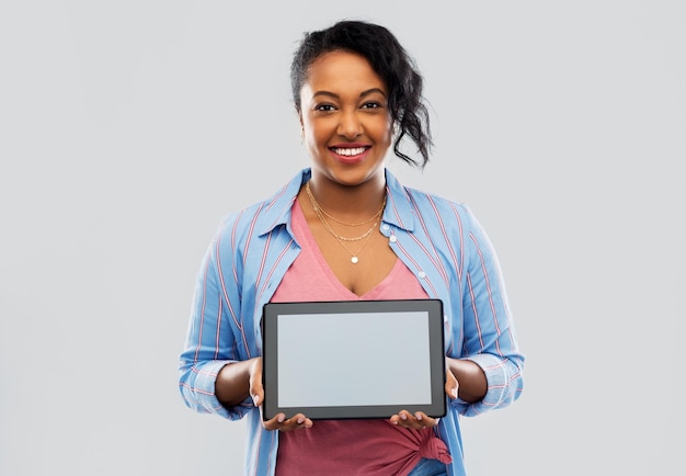 happy african american woman showing tablet pc