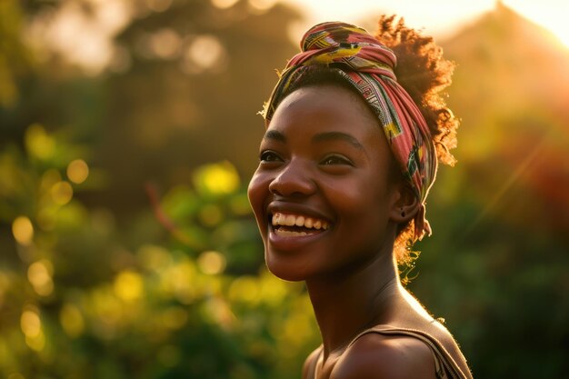 Happy African American woman smiling at park during sunset