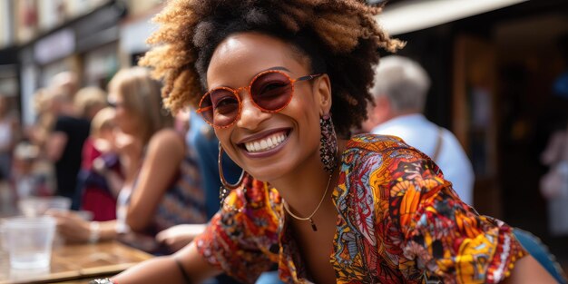 Una felice donna afroamericana con gli occhiali da sole in un caffè di strada.