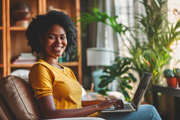 Photo happy african american woman using laptop in living room