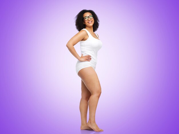 happy african american woman in white underwear