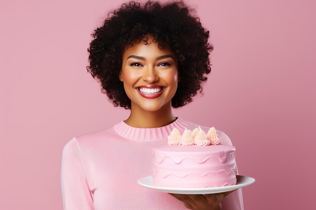 Happy African American woman with birthday cake on pink background