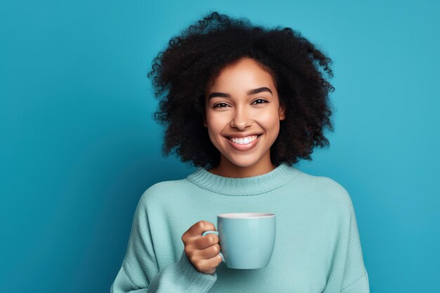 Happy african american woman with cup of coffee on blue background