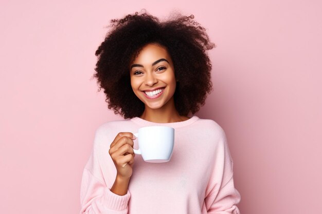 Happy African American woman with cup of coffee on pink background