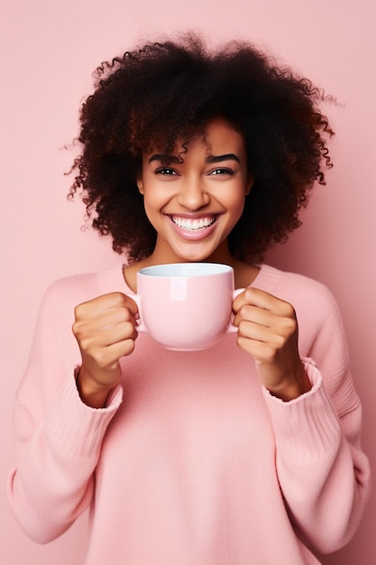 Happy African American woman with cup of coffee on pink background