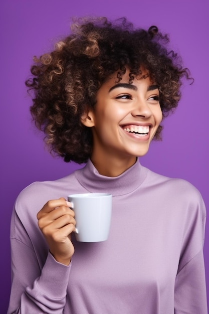Happy african american woman with cup of coffee on purple background