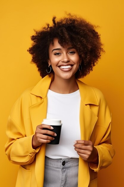 Happy african american woman with cup of coffee on yellow background