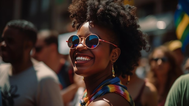 Happy African American woman with painted hair at gay pride parade Pride month celebration LGBTQ rainbow flag Generative Ai