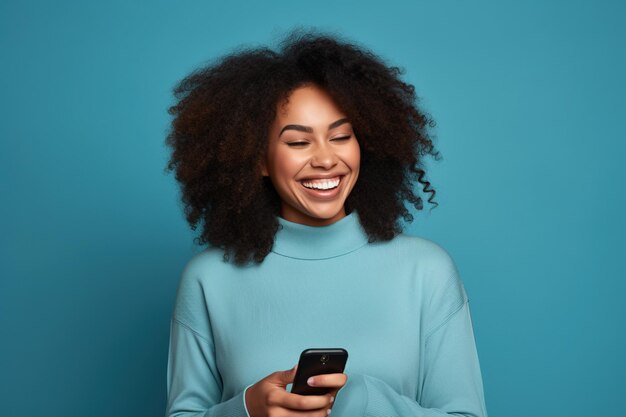 Happy African American woman with phone on Sapphire studio background