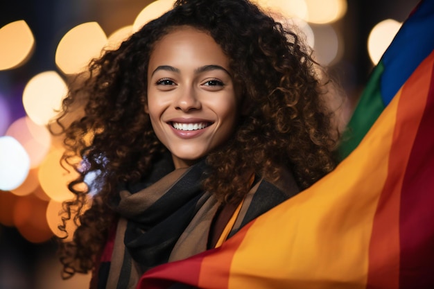 Happy african american woman with rainbow flag in city at night