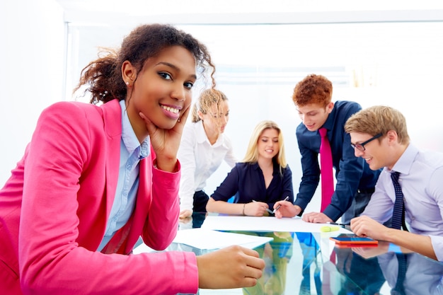 happy african businesswoman gesture in team