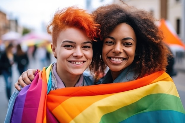 Photo happy african and caucasian friends with rainbow flags on lgbt parade