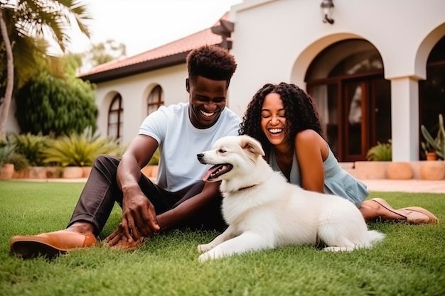 幸せなアフリカのカップルが家の外で犬と遊んで楽しんでいます