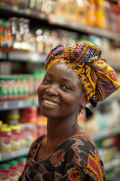 Happy african female shop employee assisting customers in supermarket