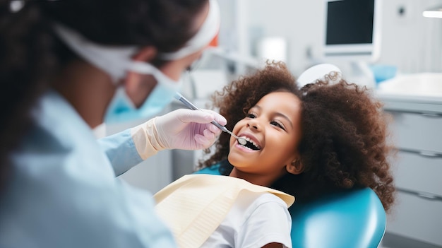 Photo happy african kid happy on dental chair after repairing tooth kids on dentist easy moment