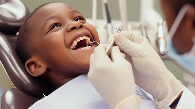 Happy african kid happy on dental chair