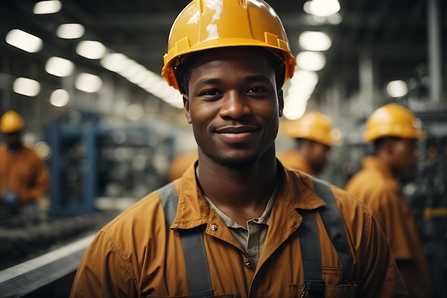 Happy African man American factory worker wearing hard hat and work clothes standing portrait photo