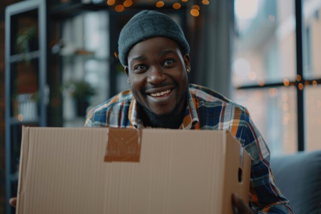 Photo happy african man receives and opens great package at home