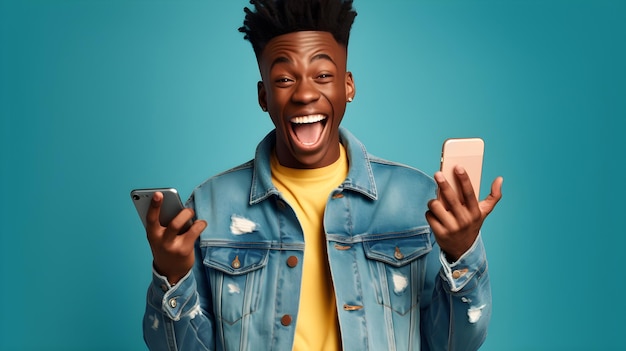 Happy African man using smartphone on blue background with copyspace