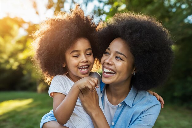 Happy African mother playing with her daughter outdoor on sunny day Afro mum and child having fun