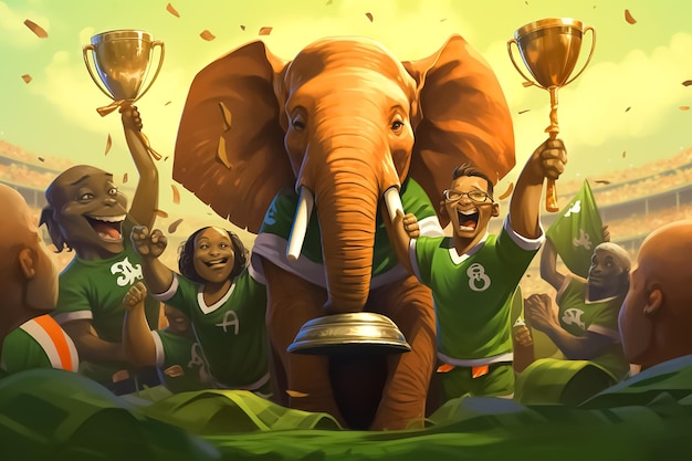 happy african soccer players with elephant heads wearing soccer jerseysreceiving the soccer world